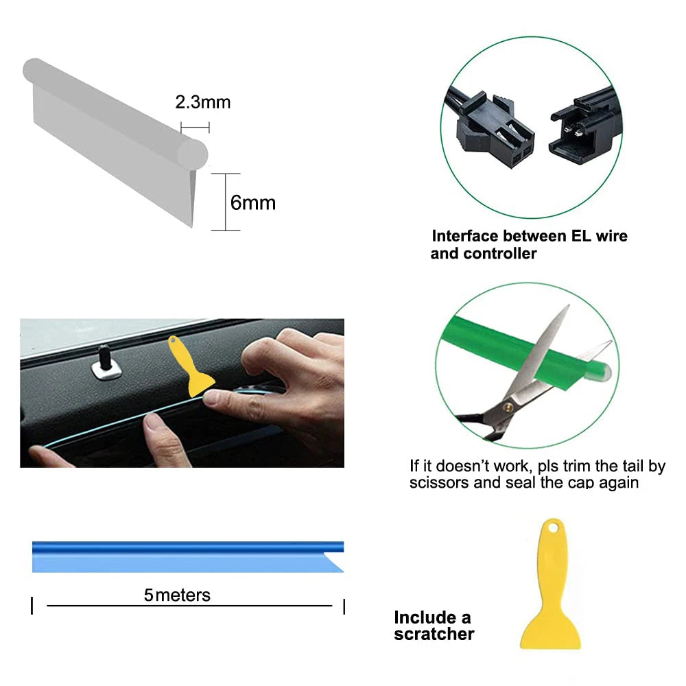 Universal Car Interior Ambient LED Light Strip - USB Powered Neon EL Wire Atmosphere Light with Pry Tool