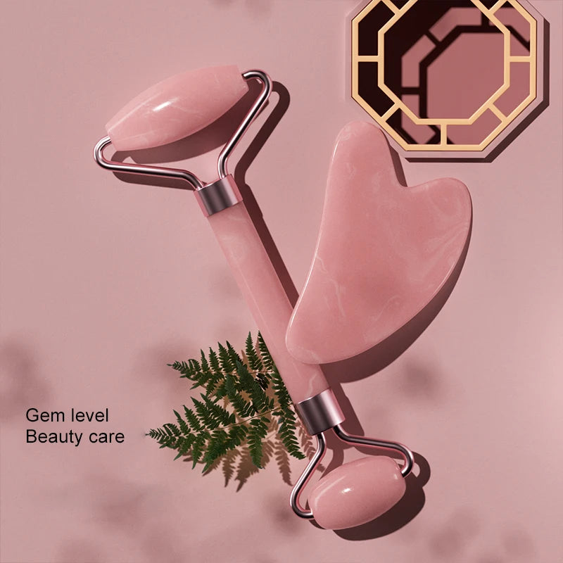 Rose Quartz Jade Roller & Heart-Shaped Gua Sha Facial Massage Set