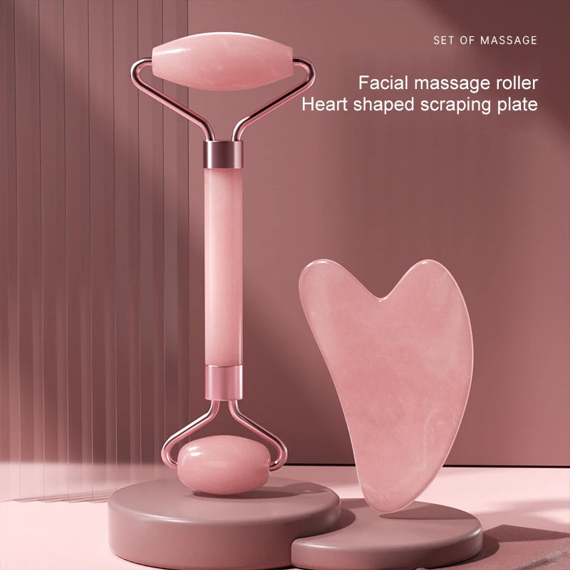 Rose Quartz Jade Roller & Heart-Shaped Gua Sha Facial Massage Set