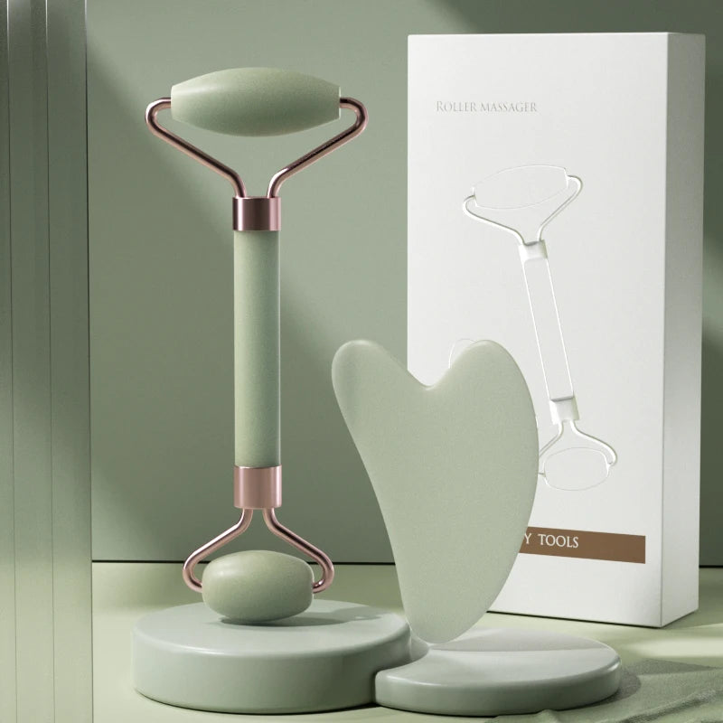 Rose Quartz Jade Roller & Heart-Shaped Gua Sha Facial Massage Set